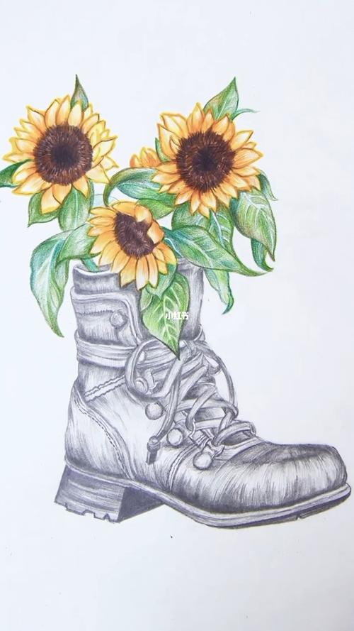素描|创意素描画,鞋子里的鲜花_素描_鲜花_鞋子_创意美术_儿童创意画