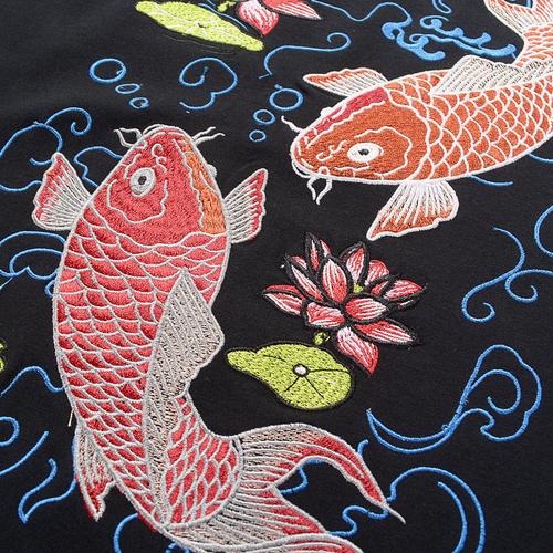 男装短袖刺绣鲤鱼国风体恤圆领春夏