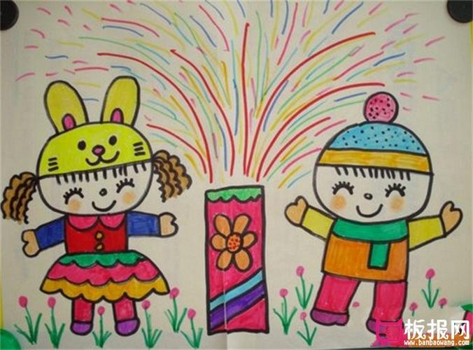 放鞭炮的儿童画,儿童过年放烟花儿童画图片