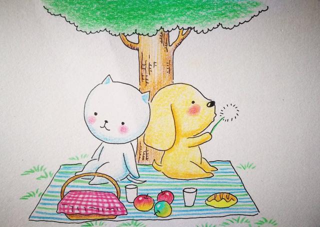 彩铅手绘,可爱的插画,猫和狗的幸福生活,野餐