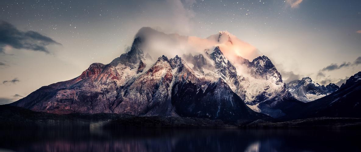 download 2560x1080 mountains, lake, sky, reflection, stones wall
