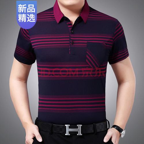 夏季polo衫中老年男士短袖衫爸爸夏装带翻领体恤衫有兜口袋夏薄款条纹