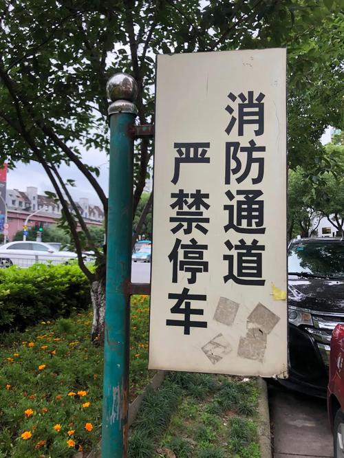 荷花二村8号门外,明确标识"消防通道 严禁停车",但仍有4辆私家车停放