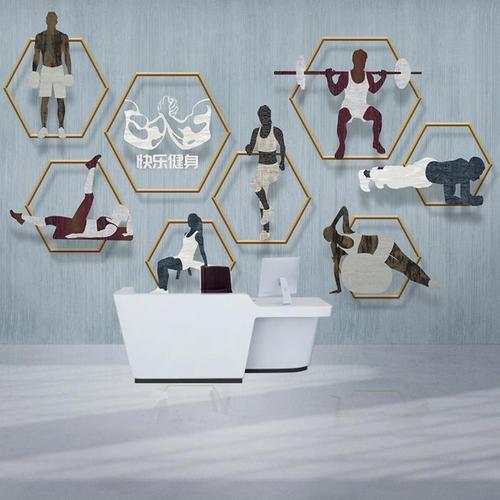 健身房前台背景墙壁纸跑步运动器材装饰墙纸壁画健身