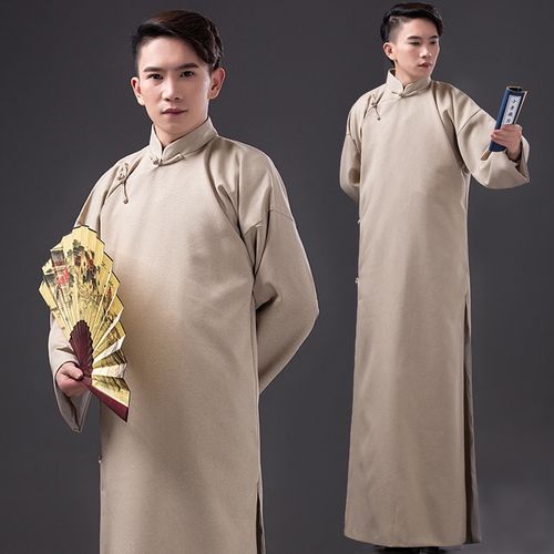 中式复古长衫古装演出服民国青年男士先生长袍高档棉麻相声舞台服