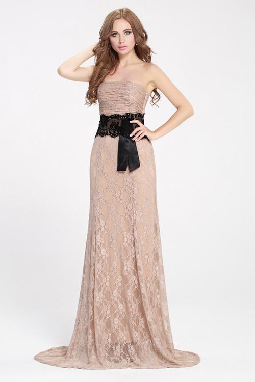 ck365新品性感裸色蕾丝抹胸收腰坠地长款时尚主持宴会晚礼服