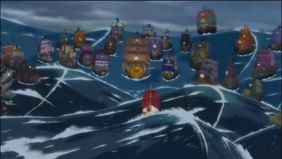 罗杰因暴风雨幸运逃走,而当时避闪不及的金狮子海贼团船被打翻,而船