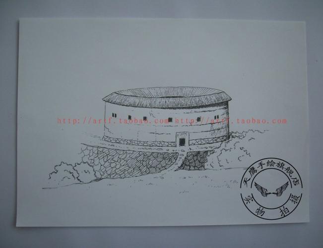 a4纸农家客家土楼风景建筑钢笔素描画 家装挂画 画师直销热卖单品