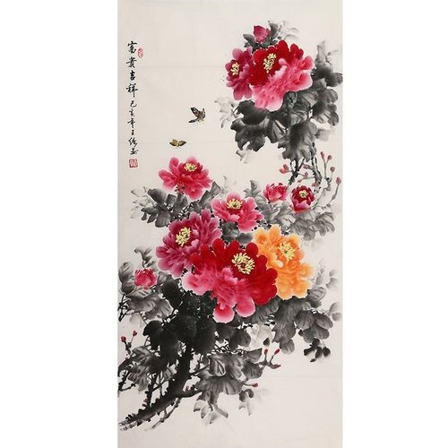 国画写意牡丹四尺竖幅富贵吉祥王绣字画纯手绘客厅办公室酒店装饰