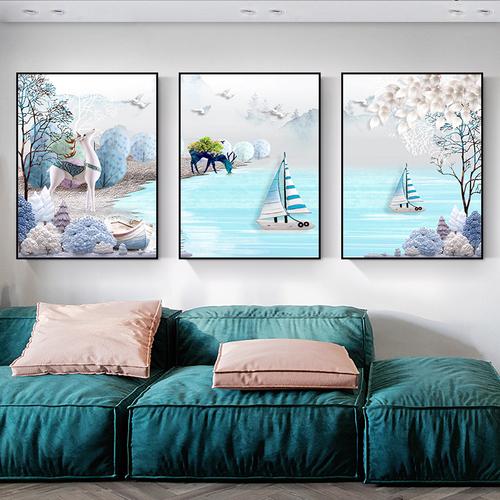 舒厅创意家居北欧发财麋鹿客厅装饰画现代简约沙发背景墙壁三联画卧室