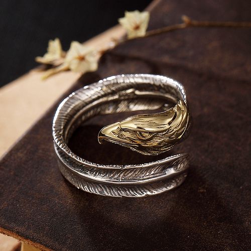 s925鹰头羽毛戒指个性指环戒款复古开口可调戒指