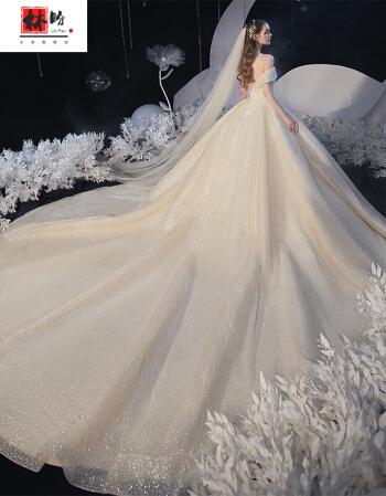 林盼法式高端出租星空主婚纱2021新款气质新娘一字肩高端长拖尾法式