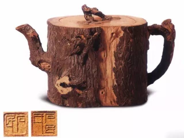 裴石民 松段壶此壶以一截苍松为壶身造型,褐色的斑驳树皮,树身用利斧