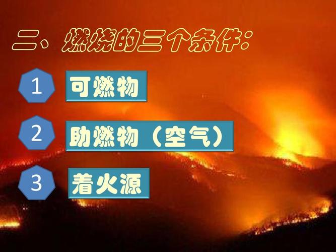 二,燃烧的三个条件: 1 可燃物 助燃物(空气) 2 3 着火源