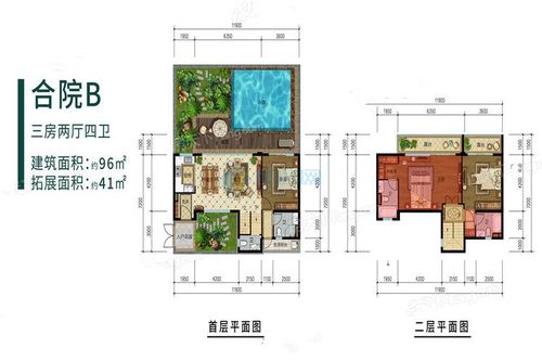 雅居乐西双林语合院b户型 3房2厅1厨4卫 建筑面积96.00㎡ 平面图鉴赏