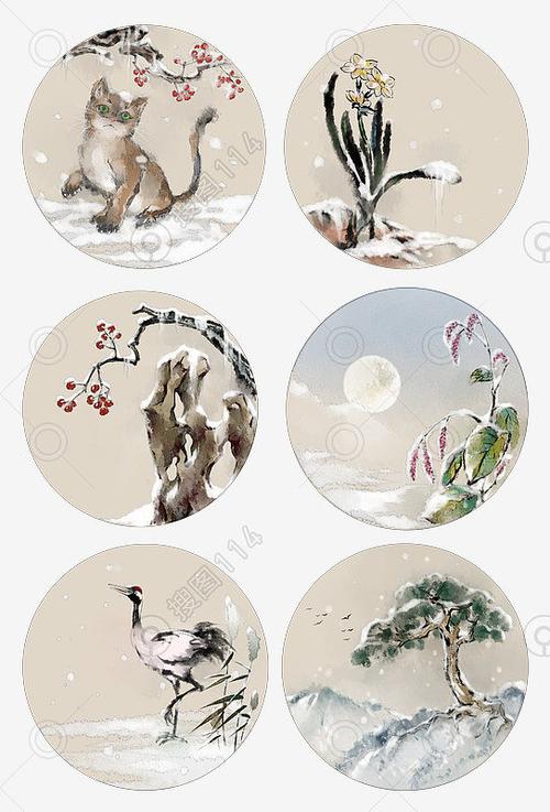 标签:中国风节气大雪雪地冬天风景水墨画梅花雪景典雅猫咪仙鹤松柏