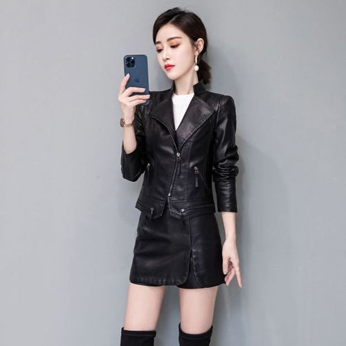 【皮衣 皮裤裙套装】新款2021春秋加棉短款修身显瘦小