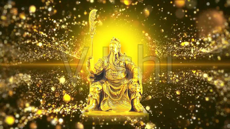 武圣关公金身坐像-金光普照金色粒子背景