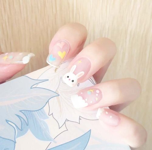 夏日简单清新兔子少女心美甲,动物美甲-lomo美甲