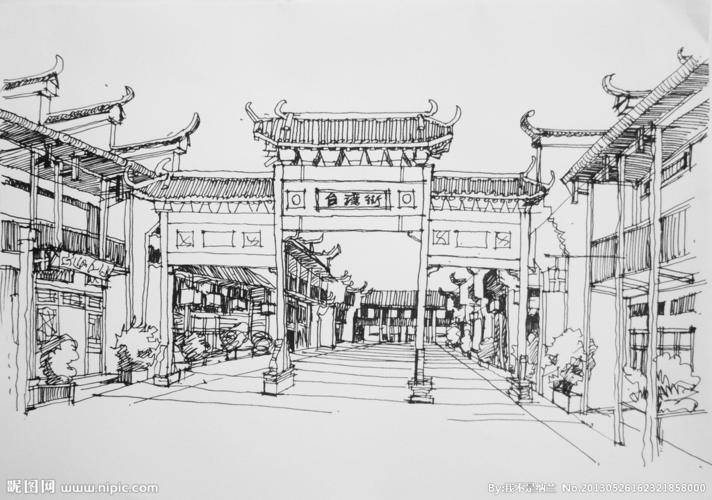 徽派商业街牌坊手绘图片