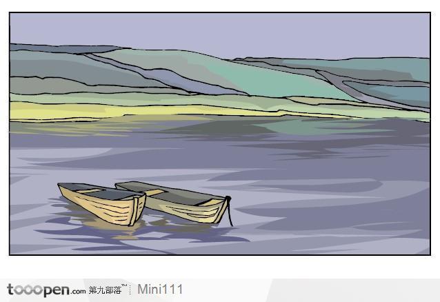 山水小舟矢量风景插画