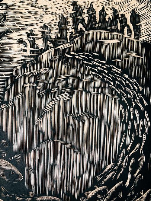 手工定制黑白木刻版画飞鱼