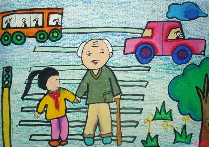 儿童简单绘画2:扶老人过马路