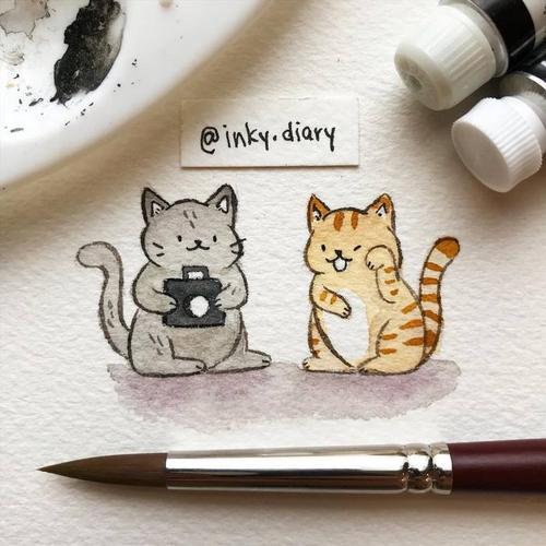 萌萌的猫咪小画水彩作品byinkydiary67676767