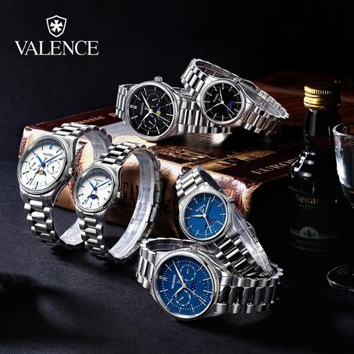 valence华轮时商务休闲手表男防水精钢男表月相表盘情侣表石英表-t