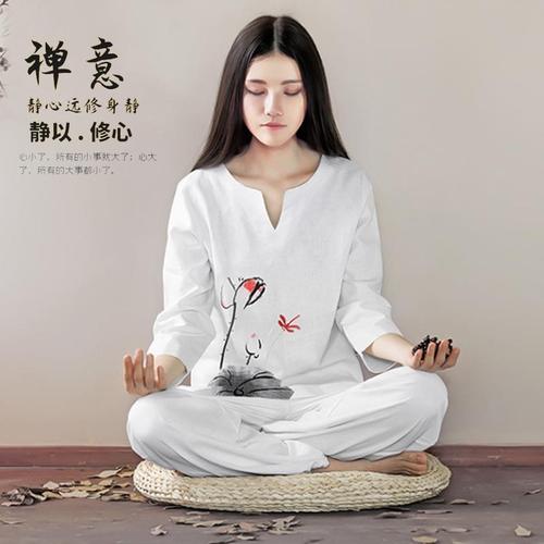 修行服女禅意春夏棉麻手绘印花养生素衣居士服套装定制打坐禅服女