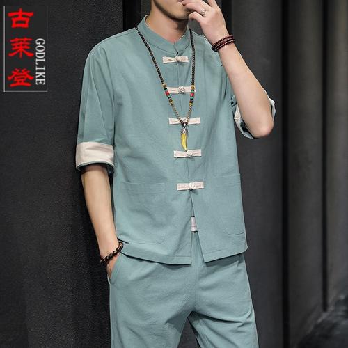 godlike 中国风棉麻汉服唐装男青年套装夏季短袖禅修服中式男装亚麻