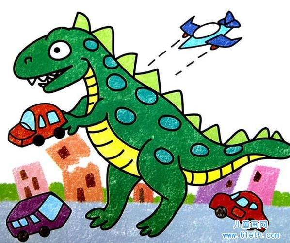 恐龙儿童画油画棒作品欣赏破坏城市的恐龙