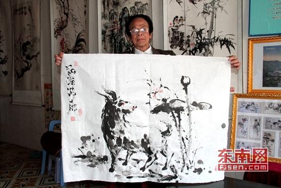 漳州74岁指画家曾庆濂画羊喻廉