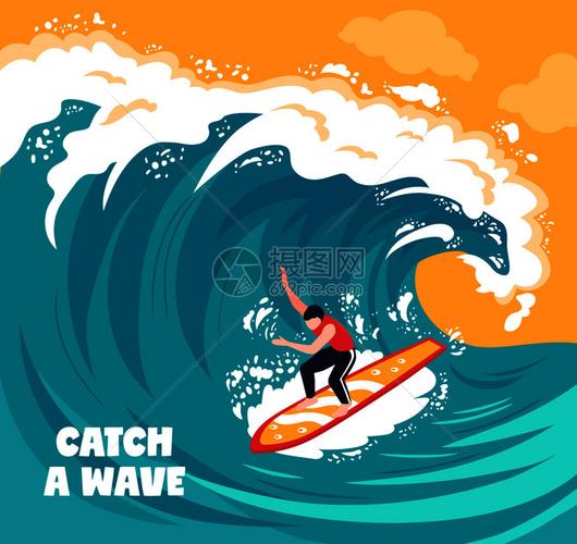 等距冲浪波成与文本绘制的艺术作品海浪与人的特点冲浪矢量插图冲浪