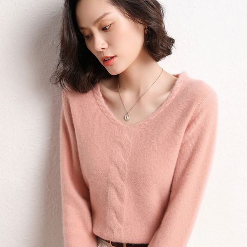 飒友女士羊绒衫纯色羊绒打底衫v领针织毛衣纯色长袖羊绒毛衣麻花针织