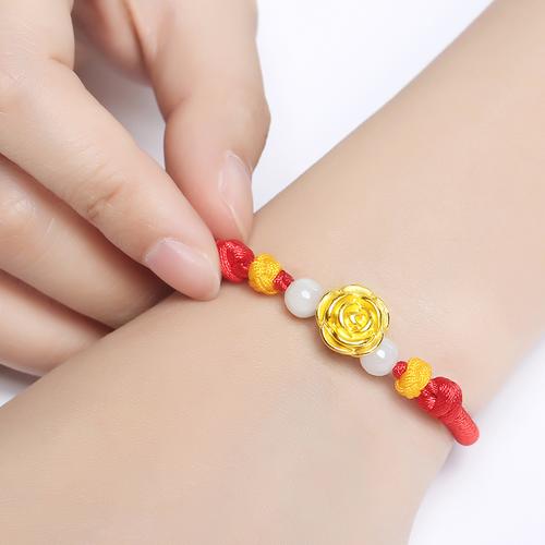 黄金转运珠小红花牛年本命年手工编织红绳手链女原创设计情人节礼