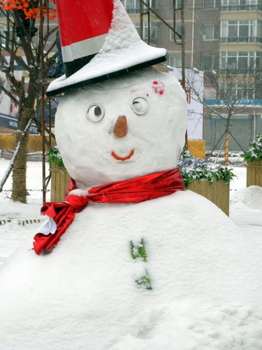 3月16日,沈阳街头出现了很多造型各异的雪人,成为城市里的一道风景.