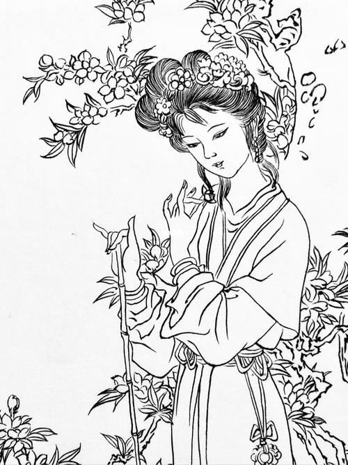 白描|038 仕女图 临摹 红楼梦61壹61黛玉葬花_红楼梦_临摹_文化