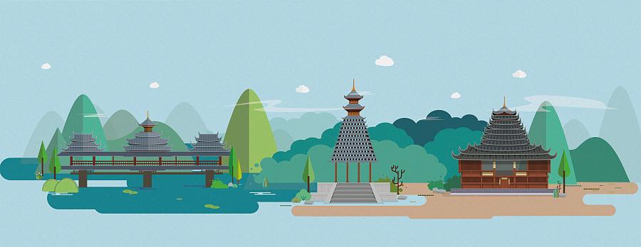 侗族三宝插画:风雨桥,鼓楼,寨门.