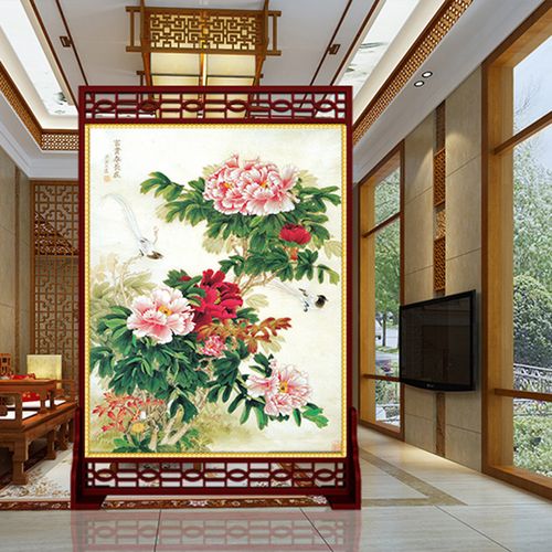 定制皮革牡丹花镂空隔断 酒店客厅玄关屏风隔断 古典实木屏风