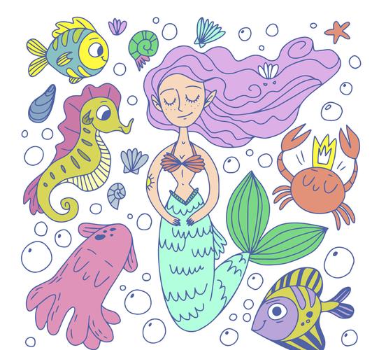 创意美人鱼和海洋动物矢量素材