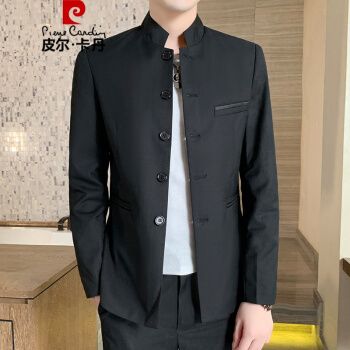 针白色休闲中山装男士青年修身中华立领西服装秋冬中国风夹克上衣服织