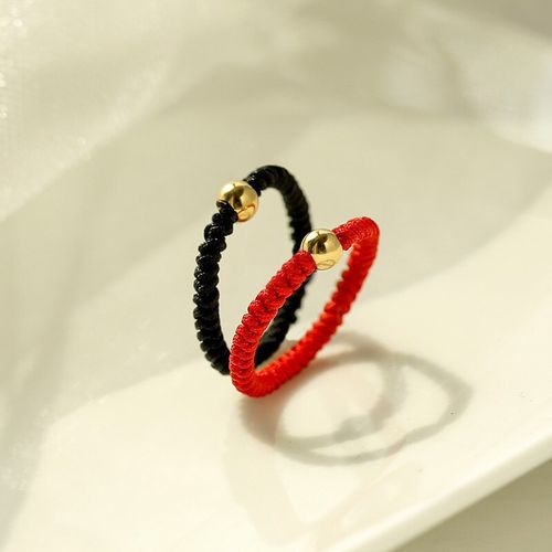 月颖999足金3d硬金转运珠黄金编织红绳戒指女纯金小金珠本命年