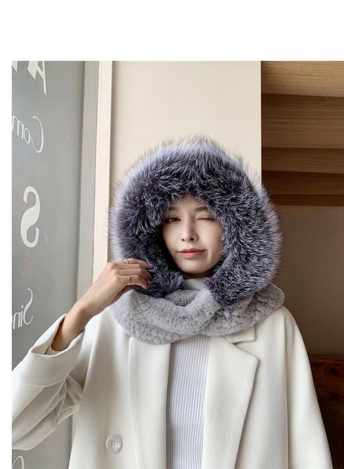 登戴品牌皮草帽子女士冬季保暖獭兔毛编织配狐狸毛风雪帽围巾一体帽