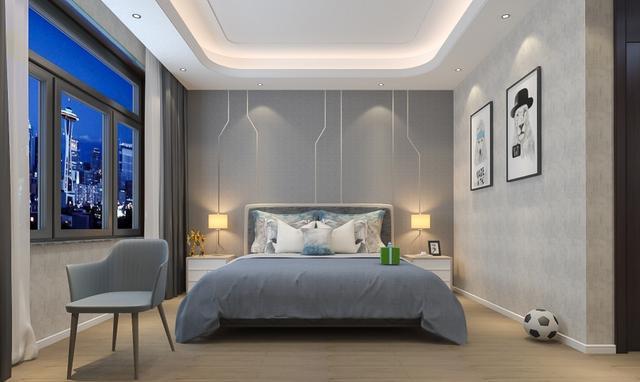 儿童房背景墙为硬包内嵌不规则铜条.