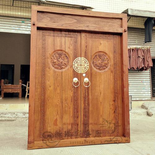 实木大门仿古榆木庭院别墅大门寺庙祖屋乡村大门双开木大门雕刻门