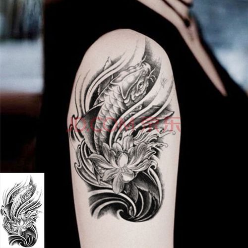 秋江月鲤鱼防水纹身贴男3d锦鲤莲花浪花海浪发财鱼女包小腿花臂仿真五
