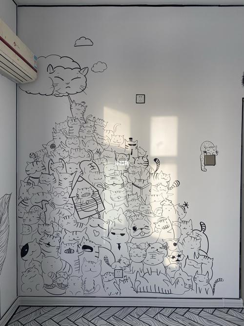 黑白线条装饰_墙绘_壁画_撸猫_动漫_壁画墙绘_文化
