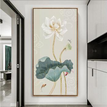 荷花九鱼图招财挂画客厅 走廊过道轻奢壁画 莲花水墨画禅意墙画现代
