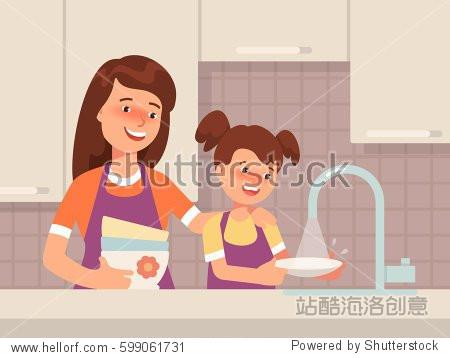 happy mother and daughter wash dishes up together